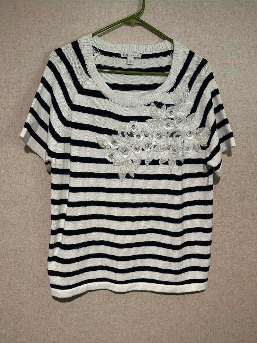 Cato XL Black & White Striped Short-Sleeve Top with Floral Applique
